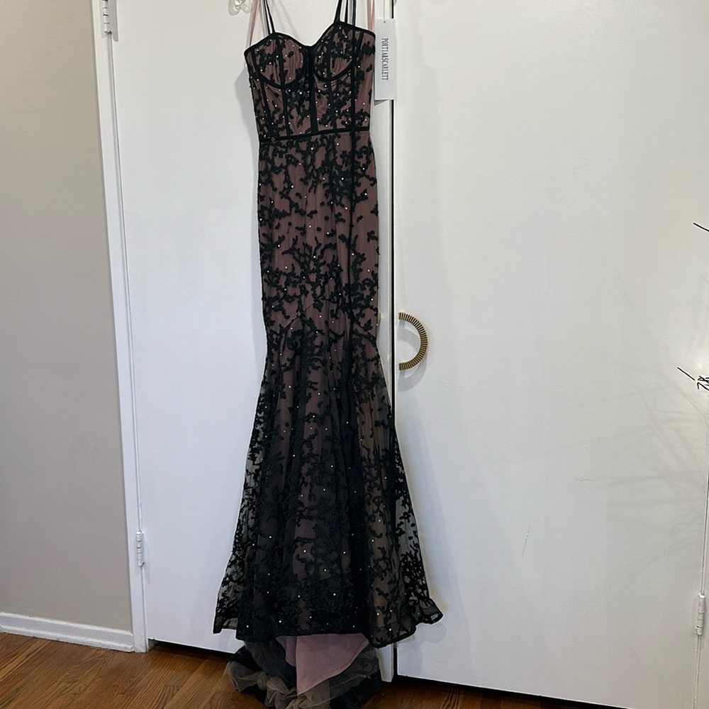 Pink and black gown with lace and train